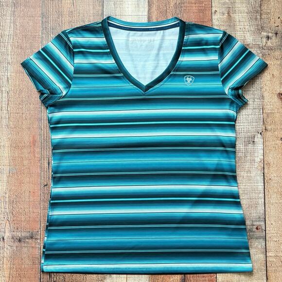 AriatTEK Women’s Striped V-Neck Performance Shirt Size Large Turquoise Stretch - Picture 3 of 7